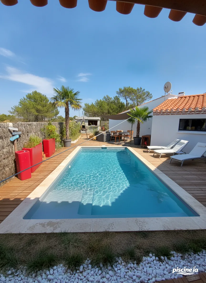 Comparaison avant et après : jardin sans piscine puis rendu PiscineIA, secteur Nantes — après