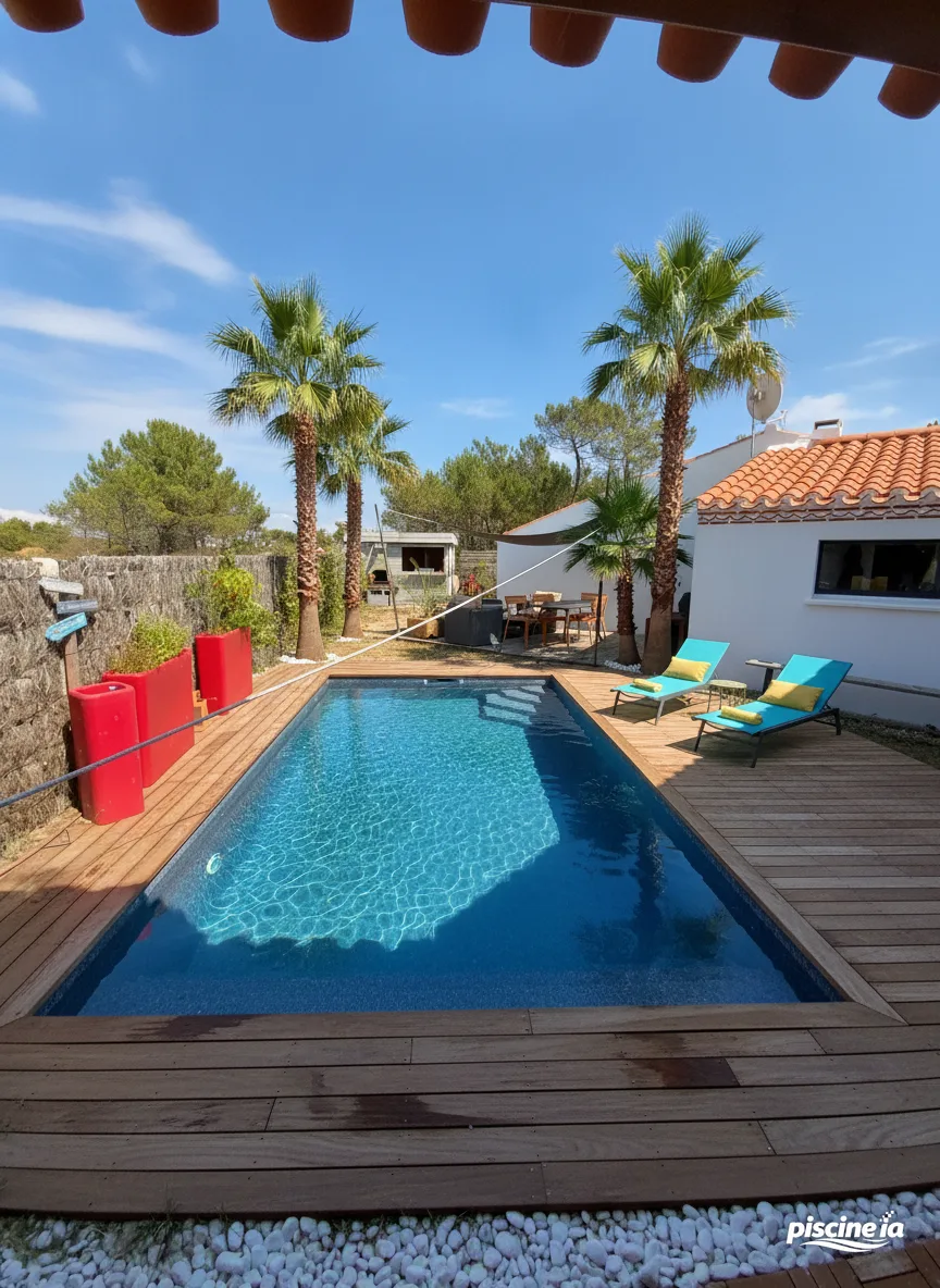 Comparaison avant et après : jardin sans piscine puis rendu PiscineIA, secteur Nantes — après